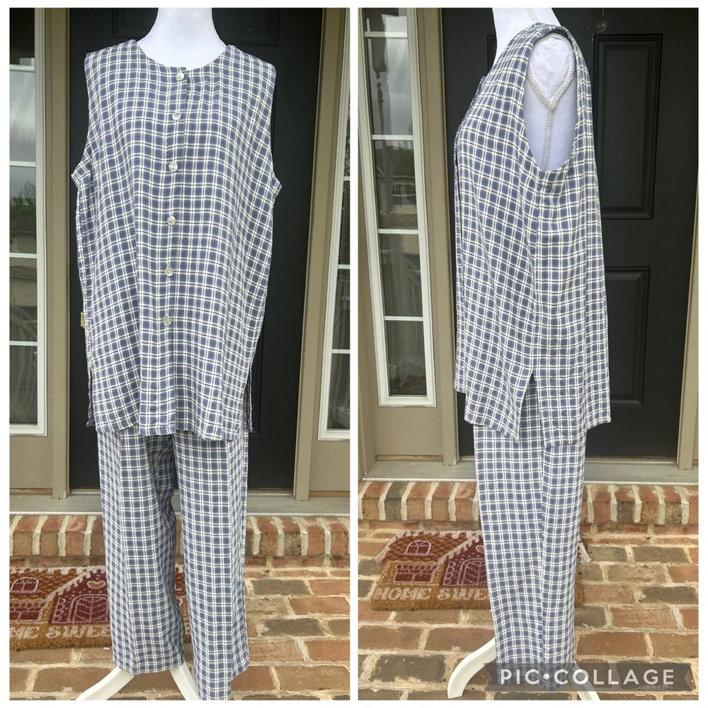 Vintage 90s Blue and White Plaid Sleeveless Tunic Top Straight-Leg Pants M L